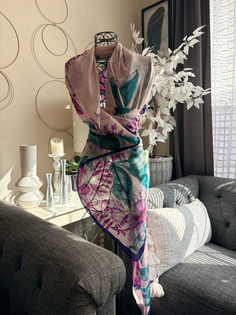 100% Silk Colorful Floral Print Shawl Scarf Wrap 43” x 86”